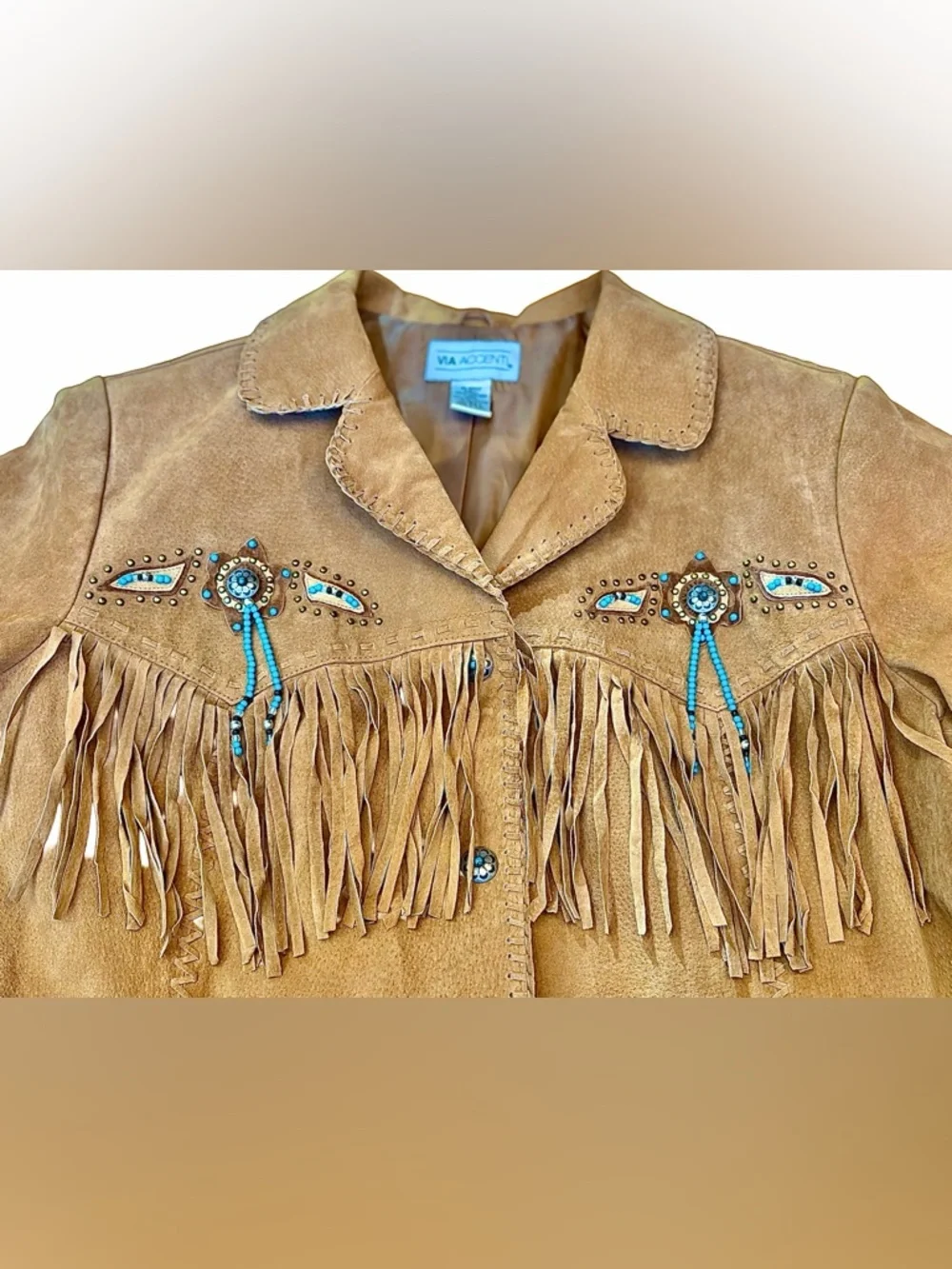 Via Accenti Fringe Suede Western Jacket in Tan with Turquoise & Beads, 22W - Picture 4 of 12